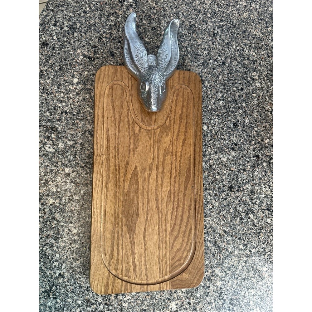 Wooden Cheese Board With Aluminum Rabbit 8 Inches By 15.5 Inches